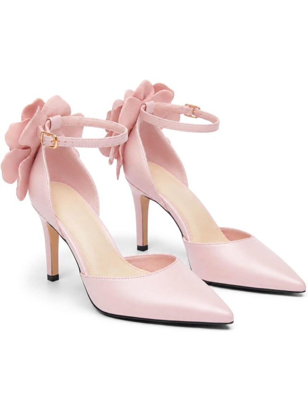 Women's Pink Closed Pointed Toe Heels Flower Ankle Strap Pumps Party Shoes